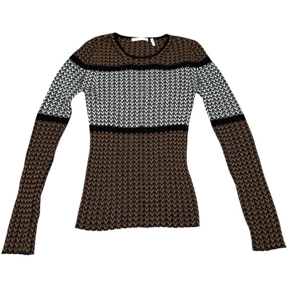 Helmut Lang Tri Color Crewneck Sweater Herringbone Merino Wool Camel Brown Small - Picture 1 of 11